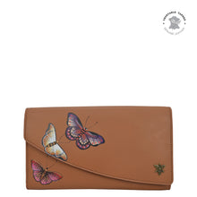 Load image into Gallery viewer, Anuschka style 1174, handpainted leather accordion flap wallet. Butterflies Honey painting in tan color. Featuring RFID blocking and many credit card slots.
