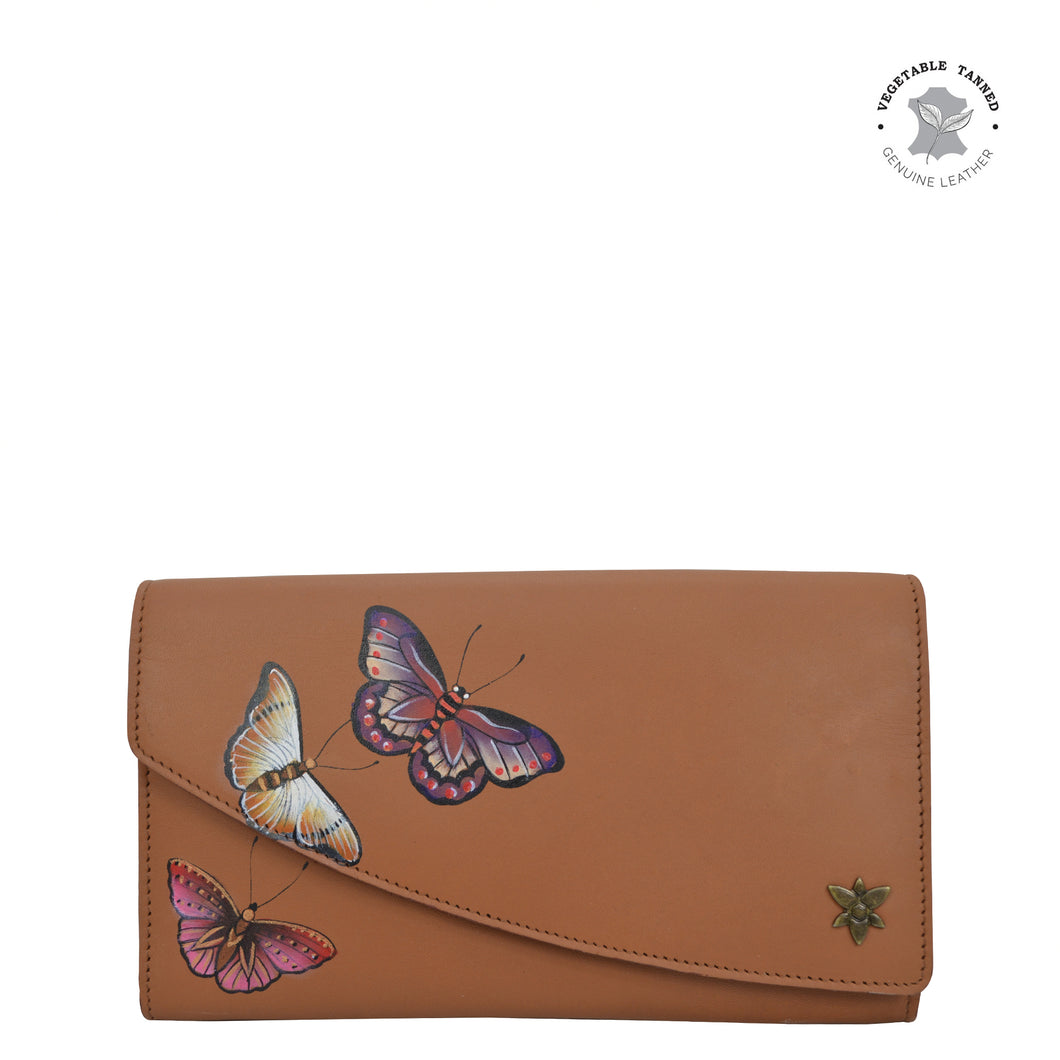 Anuschka style 1174, handpainted leather accordion flap wallet. Butterflies Honey painting in tan color. Featuring RFID blocking and many credit card slots.