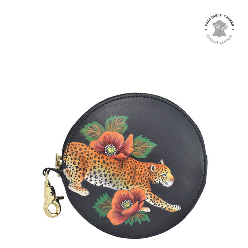 Anuschka style 1175, handpainted Round Coin Purse. Enigmatic Leopard painting in Black color.Featuring Rear ID window.