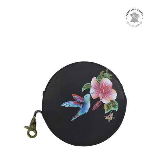 Anuschka style 1175, handpainted Round Coin Purse. Hummingbird painting in Black color. Featuring Rear ID window.
