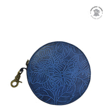 Load image into Gallery viewer, Anuschka style 1175, Round Coin Purse. Tooled Butterfly Jade in blue color. Featuring Rear ID window.
