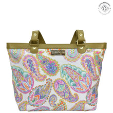Load image into Gallery viewer, Boho Paisley Sea Treasures Fabric with Leather Trim Zip Top City Tote - 12005
