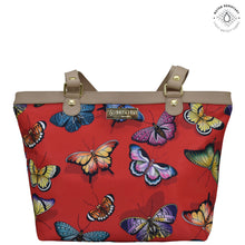 Load image into Gallery viewer, Butterfly Heaven Ruby Sea Treasures Fabric with Leather Trim Zip Top City Tote - 12005

