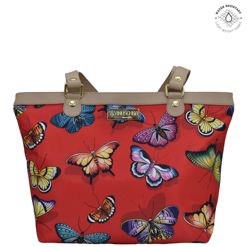 Butterfly Heaven Ruby Sea Treasures Fabric with Leather Trim Zip Top City Tote - 12005