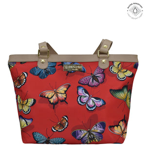 Butterfly Heaven Ruby Sea Treasures Fabric with Leather Trim Zip Top City Tote - 12005