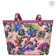 Load image into Gallery viewer, Dragonfly Garden Sea Treasures Fabric with Leather Trim Zip Top City Tote - 12005
