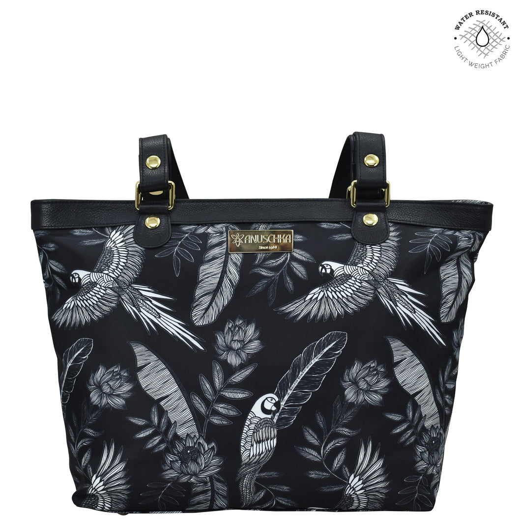 Jungle Macaws Sea Treasures Fabric with Leather Trim Zip Top City Tote - 12005