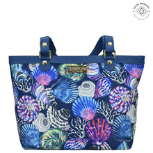 Load image into Gallery viewer, Sea Treasures Sea Treasures Fabric with Leather Trim Zip Top City Tote - 12005
