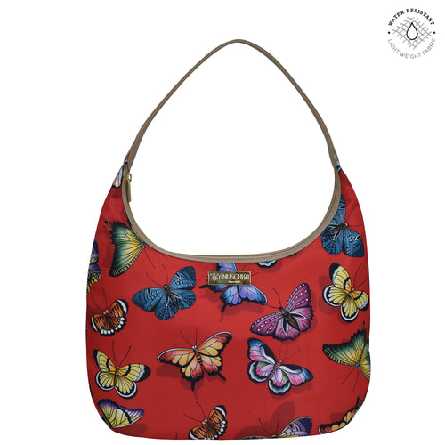 Butterfly Heaven Ruby Fabric with Leather Trim Large Sling Hobo - 12010