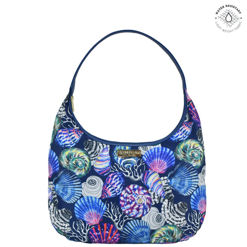 Sea Treasures Fabric with Leather Trim Large Sling Hobo - 12010