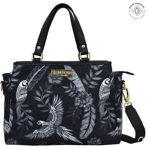 Jungle Macaws Fabric with Leather Trim Multi Compartment Satchel - 12014