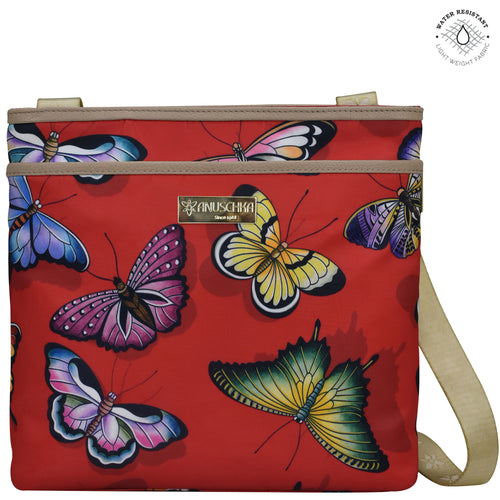 Butterfly garden Fabric with Leather Trim Crossbody with Slip Pocket - 12017