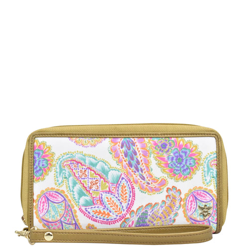 Boho Paisley Fabric with Leather Trim Wristlet Travel Wallet - 13000