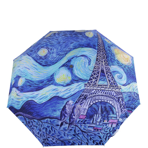 Anuschka style 3100, printed Auto Open and Close Umbrella. Love in Paris painting in blue color. UV protection (UPF 50+) during rain or shine