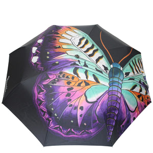Anuschka style 3100, printed Auto Open and Close Umbrella. Magical Wings Navy printing in Blue color. UV protection (UPF 50+) during rain or shine