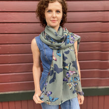 Load image into Gallery viewer, Anuschka style 3300, Printed Chiffon Scarf. Butterfly Heaven print in Green or Mint Color. Flaunt luxe, lightweight, bold and beautiful styles inspired by nature.
