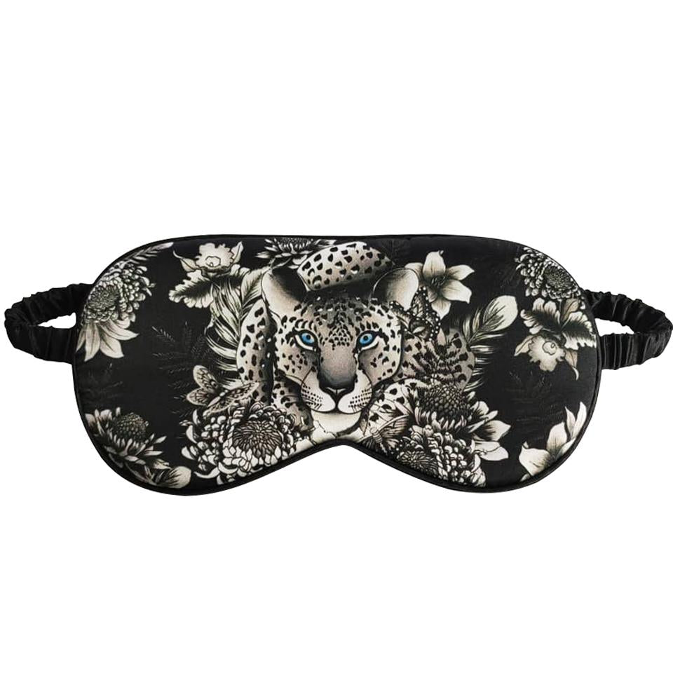 Anuschka style 3302, printed 100% Silk Padded Eye Mask. Cleopatra's Leopard painting in black, grey and silver color. Lightly padded and Comfortable elastic strap.
