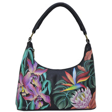 Load image into Gallery viewer, Anuschka style 371, handpainted Medium Zip Top Hobo. Island Escape Black Painted in Black Color. Featuring Inside zippered wall pocket two multipurpose pockets and rear zip pocket.
