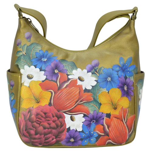 Anuschka style 382, handpainted Classic Hobo With Side Pockets. Dreamy Floral painting in Golden color. Featuring fits Tablet and E-Reader.