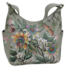 Load image into Gallery viewer, Anuschka style 382, handpainted Classic Hobo With Side Pockets. Floral Passion painting in Green color. Fits Tablet and E-Reader.
