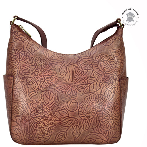 Anuschka style 382, Classic Hobo With Side Pockets. Tooled Butterfly Wine art in Wine color. Fits Tablet and E-Reader.