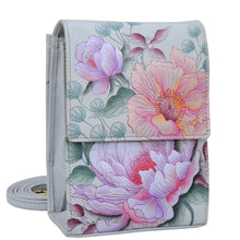 Load image into Gallery viewer, Anuschka style 412, handpainted Triple Compartment Crossbody Organizer. Bel Fiori Painted in Grey Color. Featuring Inside eight credit card pockets &amp; Mirror under flap.
