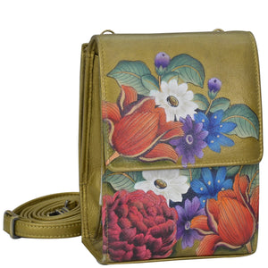 Anuschka style 412, handpainted Triple Compartment Crossbody Organizer. Dreamy Floral painting in Golden color. Featuring Inside eight credit card pockets & Mirror under flap.