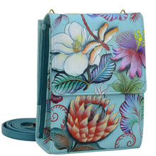 Load image into Gallery viewer, Anuschka style 412, handpainted Triple Compartment Crossbody Organizer. Jardin Bleu Painted in Blue Color. Featuring Inside eight credit card pockets &amp; Mirror under flap.
