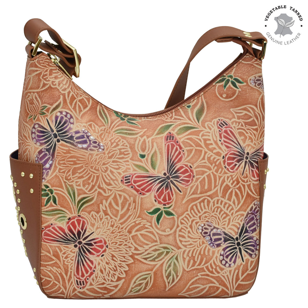 Anuschka Classic Hobo With Studded Side Pockets with Tooled Butterfly Multi painting