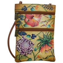 Load image into Gallery viewer, Anuschka style 448, handpainted Mini Double Zip Travel Crossbody. Caribbean Garden Painted in Tan Color. Featuring main compartment with magnetic closure and key holder.
