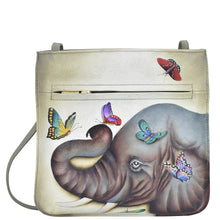 Load image into Gallery viewer, Anuschka style 452, handpainted Slim Crossbody With Front Zip. Gentle Giant painting in Multi color. Featuring Removable fabric optical case.
