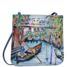 Load image into Gallery viewer, Anuschka style 452, handpainted Slim Crossbody With Front Zip. Venetian Story Painted in Multi Color. Featuring inside zippered wall pocket, cell phone pocket, Key holder, front zip pocket and rear slip pocket with removable fabric optical case.
