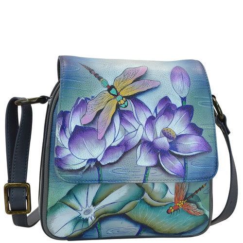 Anuschka Style 483, handpainted Triple Compartment Crossbody Organizer. Tranquil Pond painting