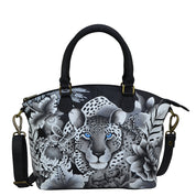 Anuschka style 448, handpainted Convertible Satchel. Cleopatra's Leopard painting in black, grey and silver color. Removable Strap. Fits Tablet and E-Reader.