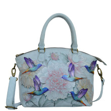 Load image into Gallery viewer, Anuschka style 484,Convertible Satchel. Rainbow Birds Painted in Grey Color.Featuring Three pen holders, four credit card holders.
