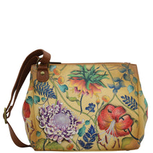 Load image into Gallery viewer, Anuschka Style 525, handpainted Triple Compartment Medium Crossbody With Adjustable Strap. Caribbean Garden painting
