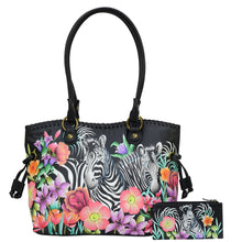 Load image into Gallery viewer, Anuschka Style 569, handpainted Double Handle Large Tote With Magnetic Closure. Playful Zebras painting
