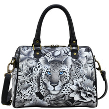 Load image into Gallery viewer, Anuschka style 625, handpainted Zip Around Classic Satchel. Cleopatra&#39;s Leopard painting in black, grey and silver color.  Fits Tablet and E-Reader.
