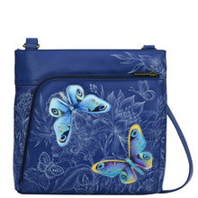 Load image into Gallery viewer, Anuschka style 651, handpainted Crossbody With Front Zip Organizer. Garden of Delight Painting in Blue Color.Fits Tablet and E-Reader. Featuring RFID blocking.
