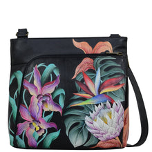 Load image into Gallery viewer, Anuschka style 651, handpainted Crossbody With Front Zip Organizer. Island Escape Black Painted in Black Color. Featuring front zippered RFID protected organizer chamber with gusset contains four card holder, two pen holders, one ID window and one slip in pocket.
