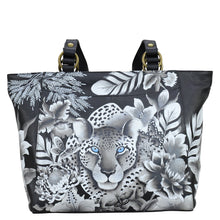 Load image into Gallery viewer, Anuschka style 664, handpainted Classic Work Tote. Cleopatra&#39;s Leopard painting in black, grey and silver color. Fits Laptop, Tablet and E-Reader.
