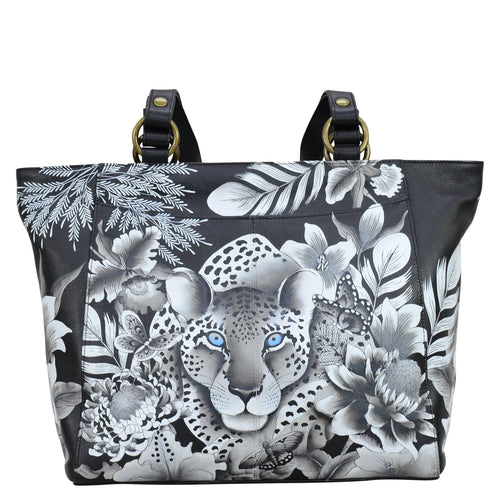 Anuschka style 664, handpainted Classic Work Tote. Cleopatra's Leopard painting in black, grey and silver color. Fits Laptop, Tablet and E-Reader.