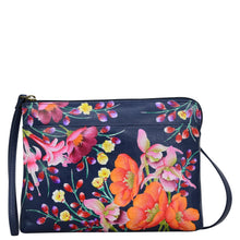 Load image into Gallery viewer, Anuschka style 667, handpainted Three-in-One Clutch. Moonlit Meadow Painted in Blue Color. Featuring two multipurpose pockets with gusset and rear full length slip in pocket with magnetic closure.
