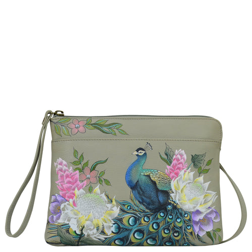 Anuschka style 667, handpainted Three-in-One Clutch. Regal Peacock Painted in Grey Color. Featuring two multipurpose pockets with gusset and rear full length slip in pocket with magnetic closure.