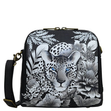 Load image into Gallery viewer, Anuschka style 668, handpainted Zip Around Travel Organizer. Cleopatra&#39;s Leopard painting in black, grey and silver color.  Featuring RFID blocking.
