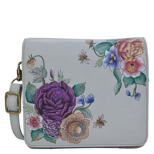 Anuschka style 669, handpainted Small Messenger. Floral Charm painting in grey color. Featuring RFID blocking, many credit card slots and one ID window under flap.