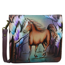 Load image into Gallery viewer, Anuschka style 669, handpainted Small Messenger. Free Spirit Painted in Brown Color. Featuring four RFID protected credit card holders and one ID window under flap.
