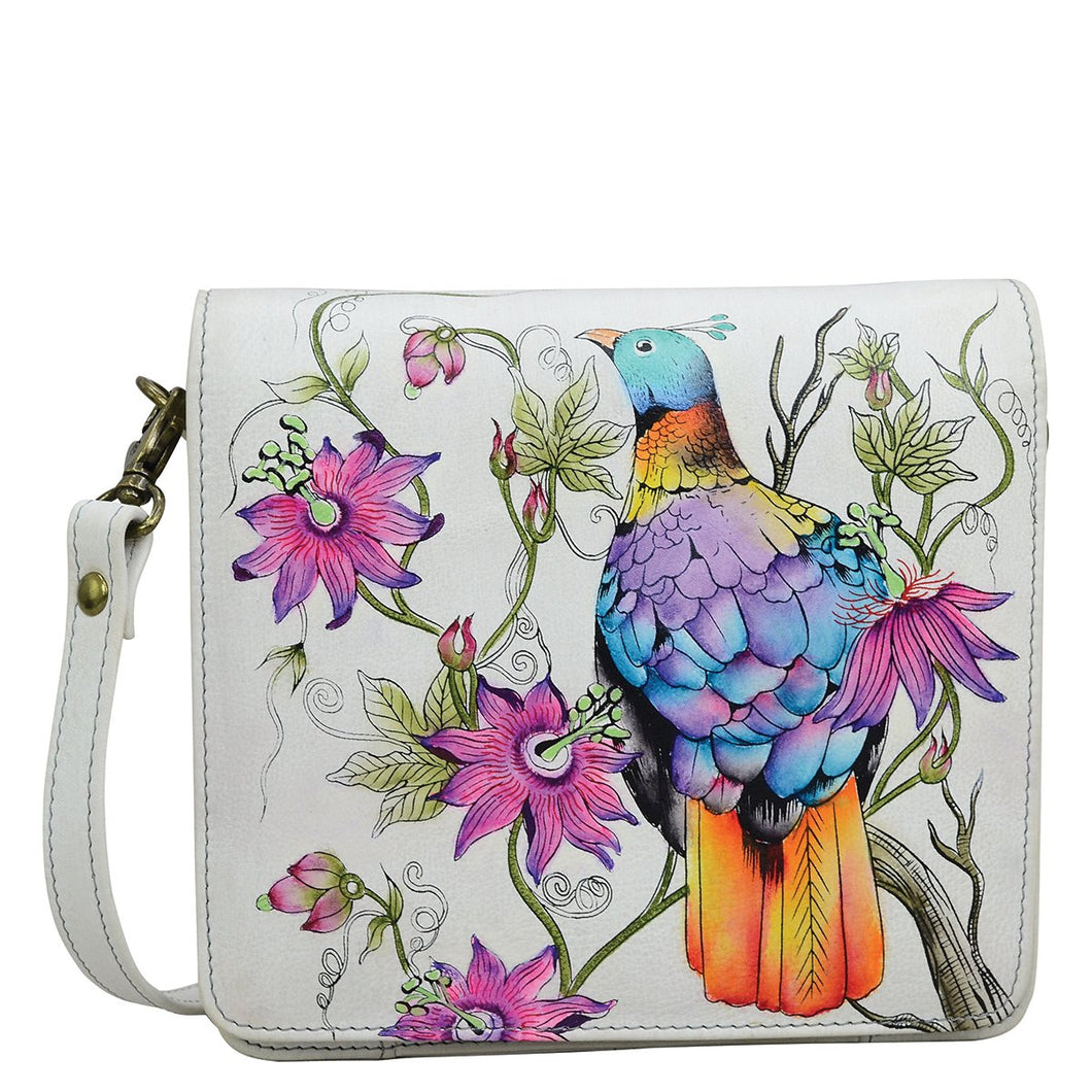 Anuschka style 669, handpainted Small Messenger. Himalayan Bird Painted in White Color. Featuring four RFID protected credit card holders and one ID window under flap.