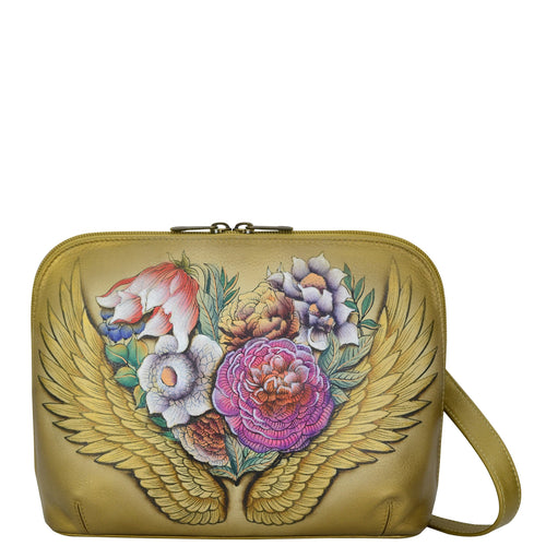 Anuschka style 678, Zip Around Everyday Crossbody, Angel Wings painting in tan color. Featuring RFID blocking and many credit card slots.