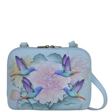 Load image into Gallery viewer, Anuschka style 678, handpainted Zip Around Everyday Crossbody. Rainbow Birds Painted in Grey Color.Featuring RFID blocking and many credit card slots.
